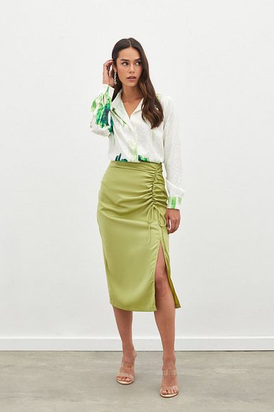 Sateen Oil Green Satin Skirt - Gather Detailed