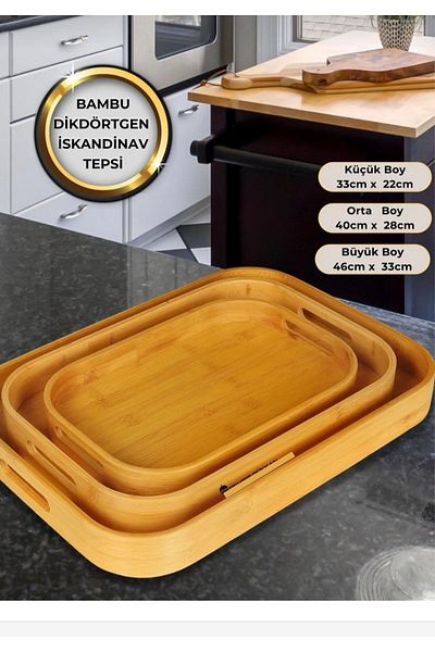 MİEN 3 Piece Rectangular Bamboo Scandinavian Tray