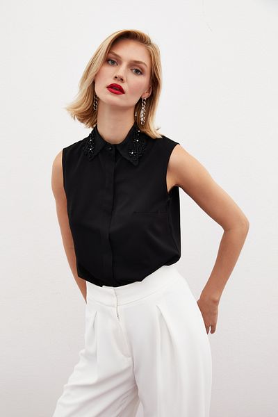Sateen Black Sleeveless and Collar Embroidered Shirt