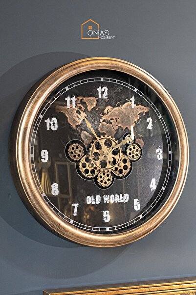 ÖMAS Konsept Gold Eskitme Metal 65 Cm Döner Çarklı Dünya Haritalı Camlı Duvar...