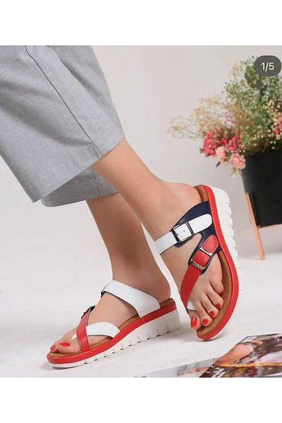 Demashoes Papuci cu cataramă roșu, alb, bleumarin