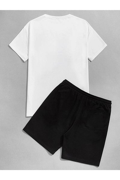 NO 601 Λευκό Panda εμπριμέ Unisex Oversize μπλουζάκι και μαύρο Panda εμπριμέ χτενισμένο βαμβακερό σορτς