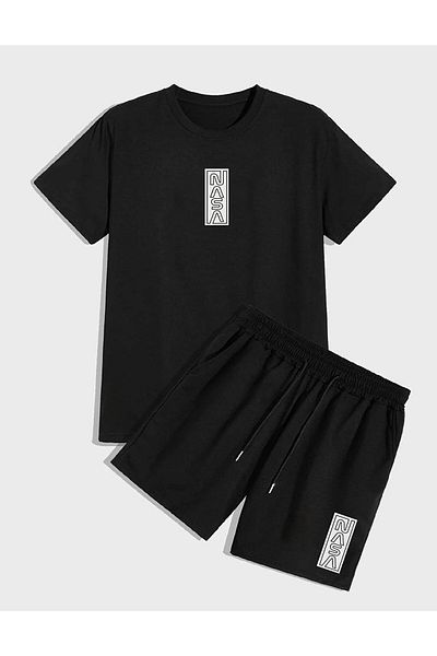 NO 601 Unisex NASA Printed Oversize Tshirt και χτενισμένο βαμβακερό σορτς - Μαύρο