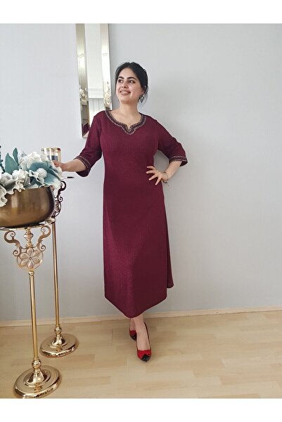 FERGAN kadın bordo simli büyük beden midi boy abiye elbise