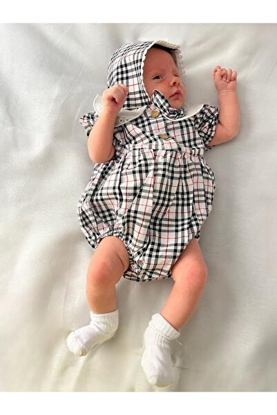 Minizade طقم رومبير وبادي منقوش مربع الشكل مع قبعة للفتيات الصغيرات