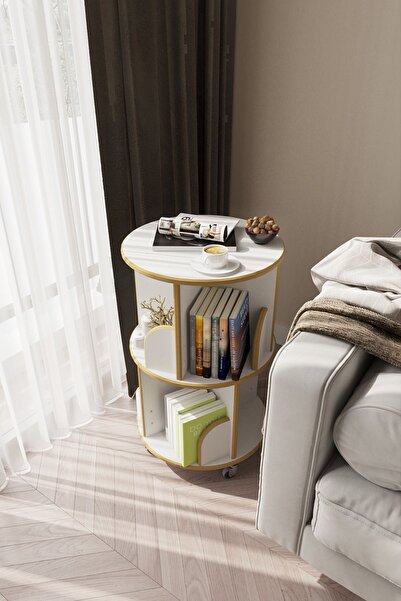 zeo wood design 360° Mdflam Dekoratif 2 Katlı Döner Kitaplık - Beyaz- 71x45 Cm