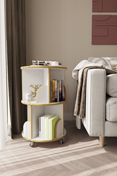 zeo wood design 360° Mdflam Dekoratif 2 Katlı Döner Kitaplık - Beyaz- 71x45 Cm