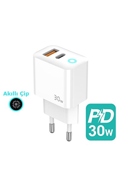 Blue Moon Pd 30 Watt Hızlı Şarj Aleti, Çift Girişli (USB A QC TYPE C PD), Beyaz