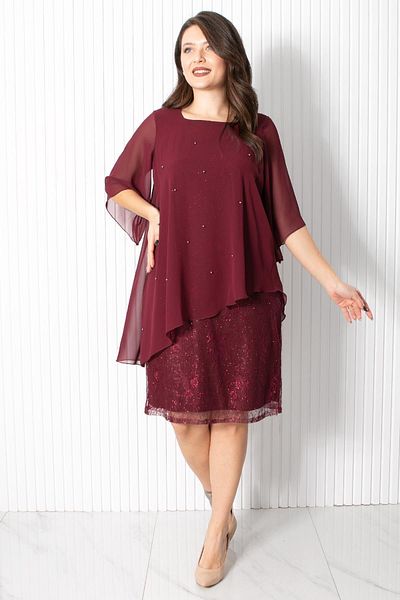 SUBU TASARIM Pearl Chiffon Evening Dress Burgundy FHM908