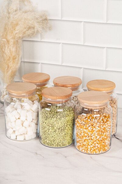 DNS HOME 6-Piece Wooden Glass Jar with Vacuum Lid Storage Container Spice Jar Set Pulses Set 800 ml