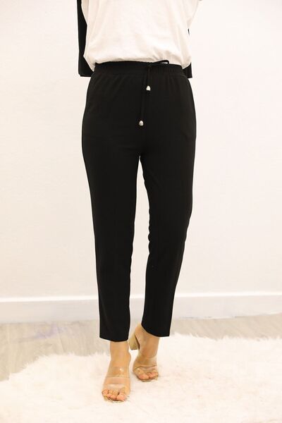 She Olive Elastic Waist Pencil Trousers-black