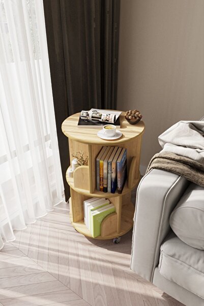 zeo wood design 360° Mdflam Dekoratif Döner Kitaplık - Meşe - 71x45 Cm