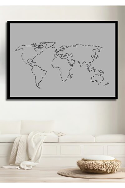 Teona Ahşap Dekoratif Yatay Dünya Haritası Çizim Duvar Tablo Ahşap Dikdörtgen...