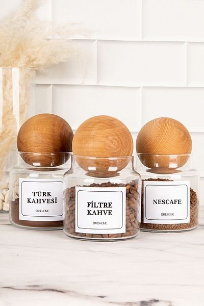 DNS HOME 3-Piece Glass Storage Container with Wooden Ball Lid for Nescafe, Turkish Coffee, Filter Coffee Label 500 ml