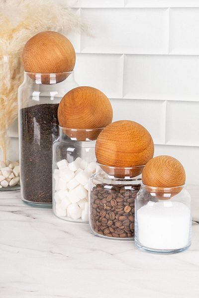 DNS HOME 4-Piece Glass Jar Set with Wooden Ball Lid Storage Container Spice Jar Set 1300 ml-800 ml-500 ml-300 ml