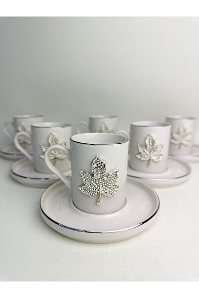 WERONY طقم فناجين قهوة من البورسلين مكون من 6 أشخاص بلاتينيوم مع شكل أوراق الشجر