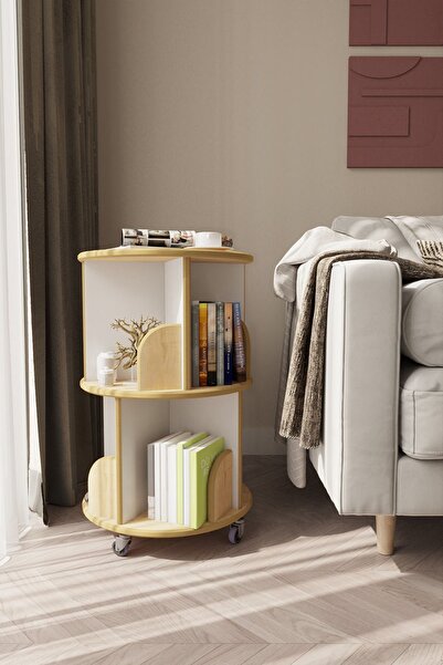 zeo wood design 360° Mdflam Dekoratif Döner Kitaplık - Beyaz / Safir Meşe- 71x45