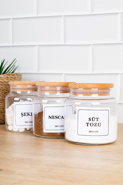 DNS HOME 3-Piece Wooden Vacuum Lid Glass Storage Container with Candy, Milk Powder and Nescafe Label 500 ml