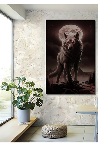 Teona Ahşap Dekoratif Dikey Dolunay Ve Kurt Duvar Tablo Ahşap Dikdörtgen Tablo