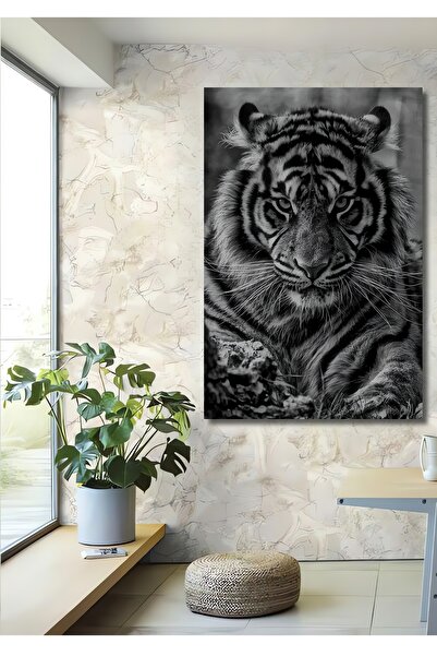 Teona Ahşap Dekoratif Dikey Siyah Beyaz Kaplan Duvar Tablo Ahşap Dikdörtgen T...