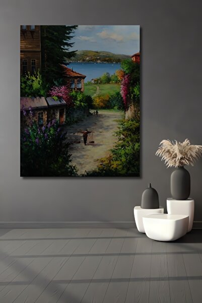 Teona Ahşap Dekoratif Dikey Yağlı Boya Görünümlü Sahil Kasabası Duvar Tablo A...
