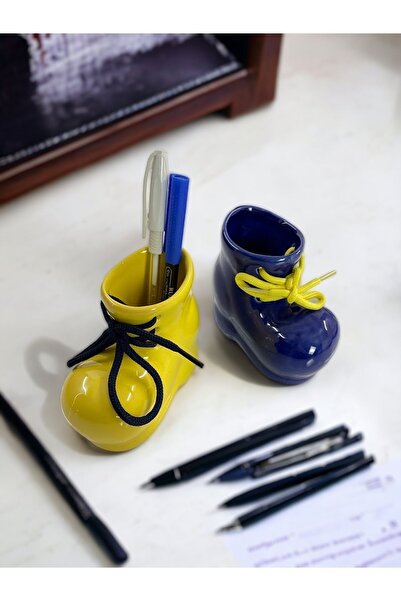 Artistic Quality Dekoratif 2'li Masa Üstü Seramik Sarı-lacivert Dekorlu Bot I...