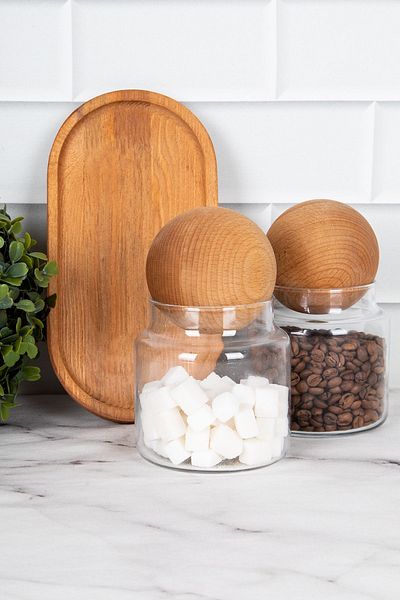 DNS HOME 2-Piece Glass Jar Set with Wooden Ball Lid Glass Storage Container Set with Wooden Stand 500 ml