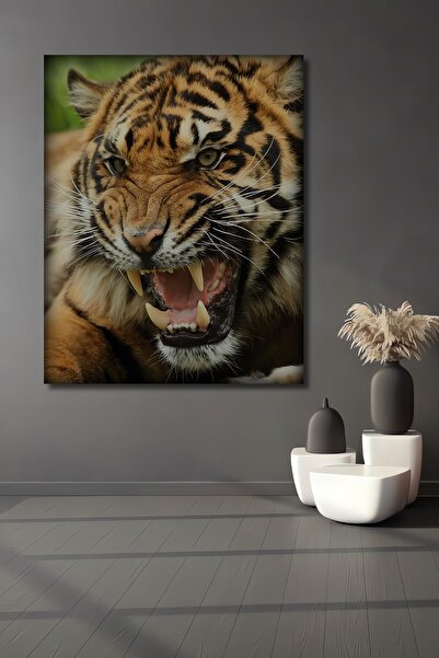 Teona Ahşap Dekoratif Dikey Kükreyen Kaplan Duvar Tablo Ahşap Dikdörtgen Tablo