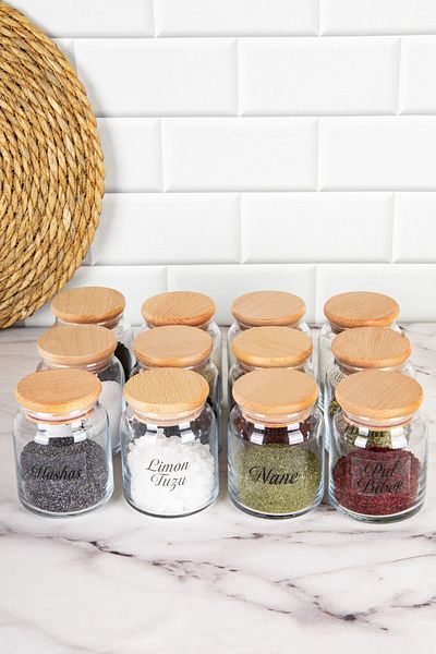 DNS HOME Set of 12 Spice Jars with Wooden Lids, Storage Container Jar Set with Transparent Label, 300 ml
