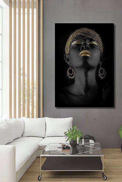 Teona Ahşap Dekoratif Dikey Sarı Takılar Siyahi Kadın Modern Sanat Duvar Tabl...