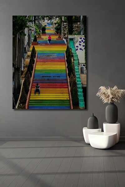 Teona Ahşap Dekoratif Dikey Renkli Merdivenler Duvar Tablo Ahşap Dikdörtgen T...