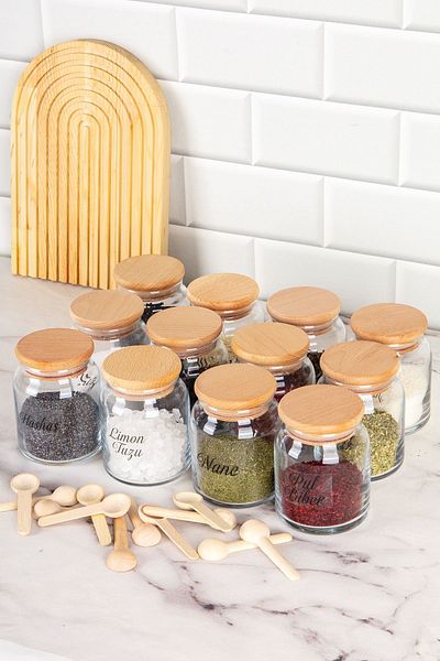 DNS HOME Set of 12 Spice Jars with Wooden Lids, 12 Wooden Spoons, Storage Container Jar with Transparent Label, 300 ml