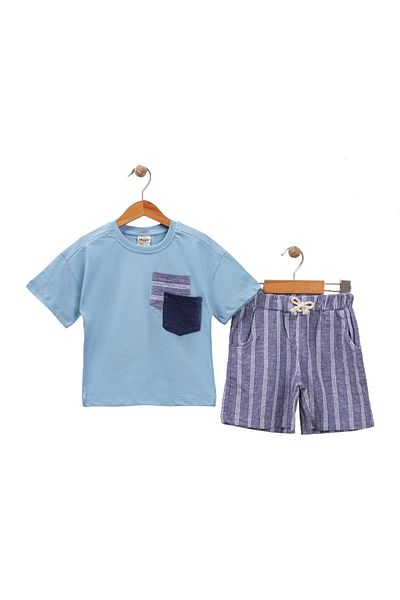 LANUGO Boy's Linen T-Shirt Short - Summer Set with Stripes and Pockets