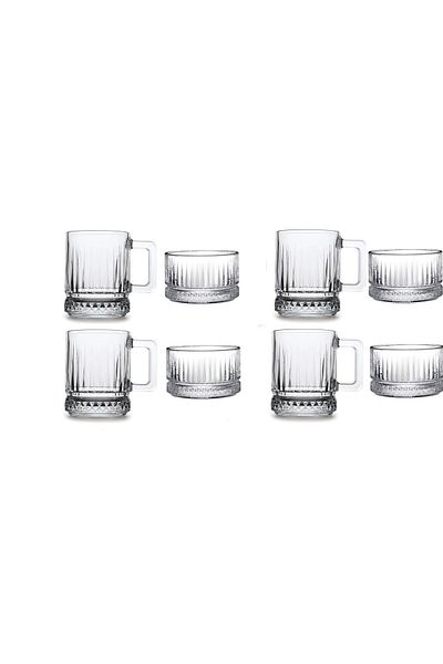 Paşabahçe Elysia 8 Piece Tea Glass, Mug and Snack Bowl Set with Handle