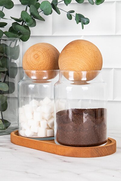 DNS HOME 2-Piece Glass Jar Set with Wooden Ball Lid Glass Storage Container Set with Wooden Stand 800 ml