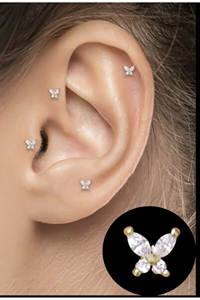 BY DİLEK ÇETİN ACCESSORY Çelik Gold Mini Kelebek Kıkırdak Helix Tragus Pierci...