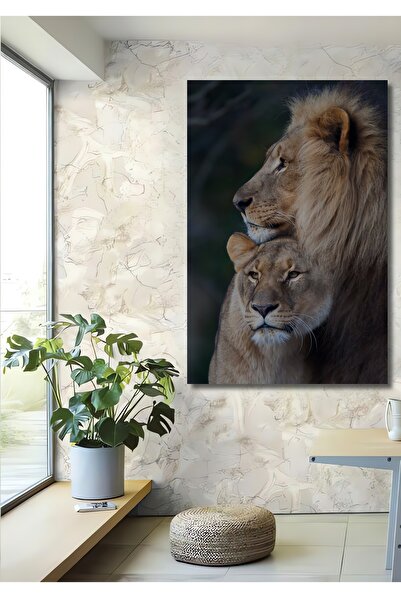 Teona Ahşap Dekoratif Dikey Dişi Aslan Erkek Aslan Duvar Tablo Ahşap Dikdörtg...