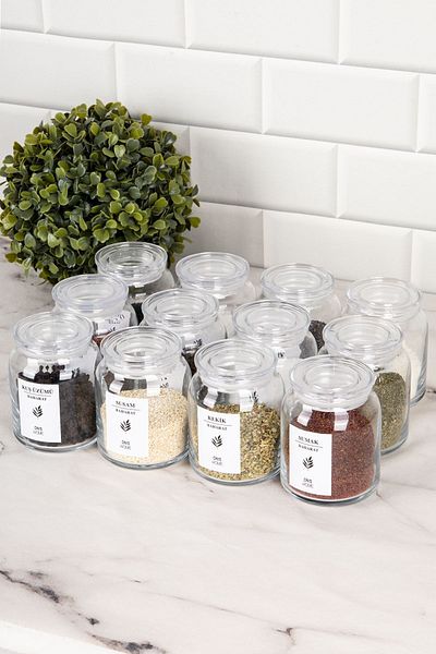 DNS HOME 12 Piece Spice Jar Set with Transparent Lid Jar Set Spice Storage Container with Label Gift 300 ml