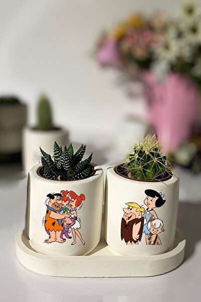 Genel Markalar Tabaklı Taş Devri Baskılı Mini Saksı Seti Hediyelik Dekoratif