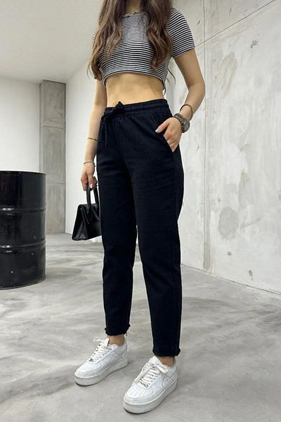 Frıstilya High Waist Linen-Cotton Blend Black Pocket Trousers