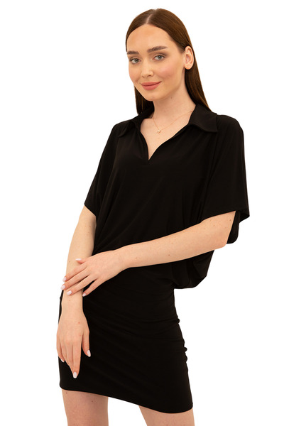 Laranor Μαύρο ρυθμιζόμενο μανίκι πουκάμισο γιακά φόρεμα - Κομψότητα ημέρας και νύχτας