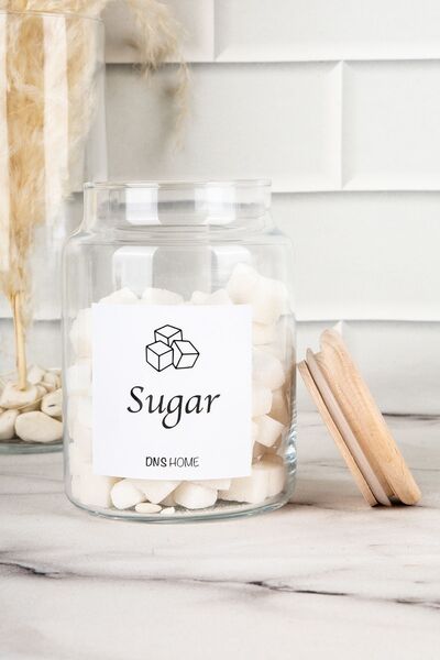 DNS HOME 3-Piece Wooden Vacuum Lid English Label Tea Candy Salt Storage Container Glass Jar 800 ml