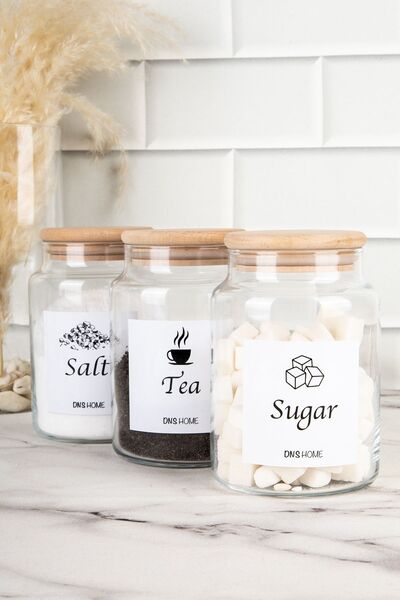 DNS HOME 3-Piece Wooden Vacuum Lid English Label Tea Candy Salt Storage Container Glass Jar 800 ml