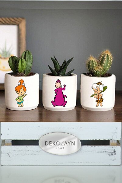 Dekozayn Home Taş Devri 3 Çakıl Bambam Kaktüs Desenli Saksı Üçlü Set- Sukulen...