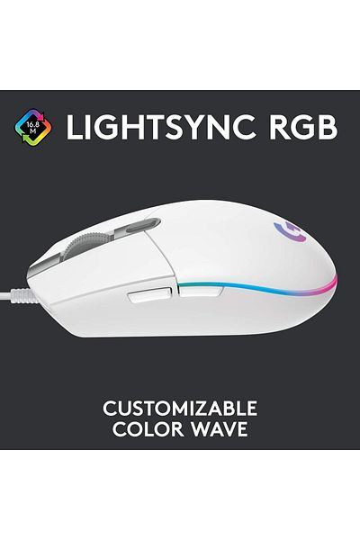 logitech ماوس الألعاب السلكي G203 من الجيل الثاني، 8000 نقطة في البوصة، تأثير بصري قوس قزح LIGHTSYNC RGB-أبيض