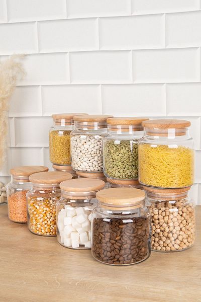 DNS HOME 12-Piece Wooden Glass Jar with Vacuum Lid Storage Container Spice Jar Set Pulses Set 500 ml