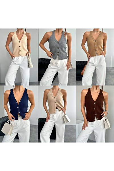 Liora Дамска плетена жилетка с деколте с камила