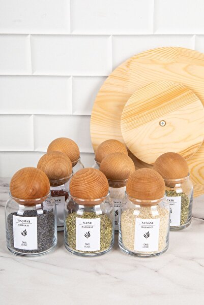 DNS HOME 8-Piece Glass Spice Rack with Wooden Ball Lid and Rotating Stand and Label 300 ml