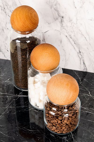 DNS HOME 3-Piece Glass Jar Set with Wooden Ball Lid Storage Container Spice Rack Pulses Set 1300 Ml-800 Ml-500 ml