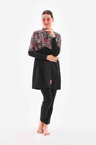 MAG FASHİON Omuzda Pile Detaylı 3 Parça Tesettür Mayo Tam Kapalı Mayo Büyük Beden Burkini